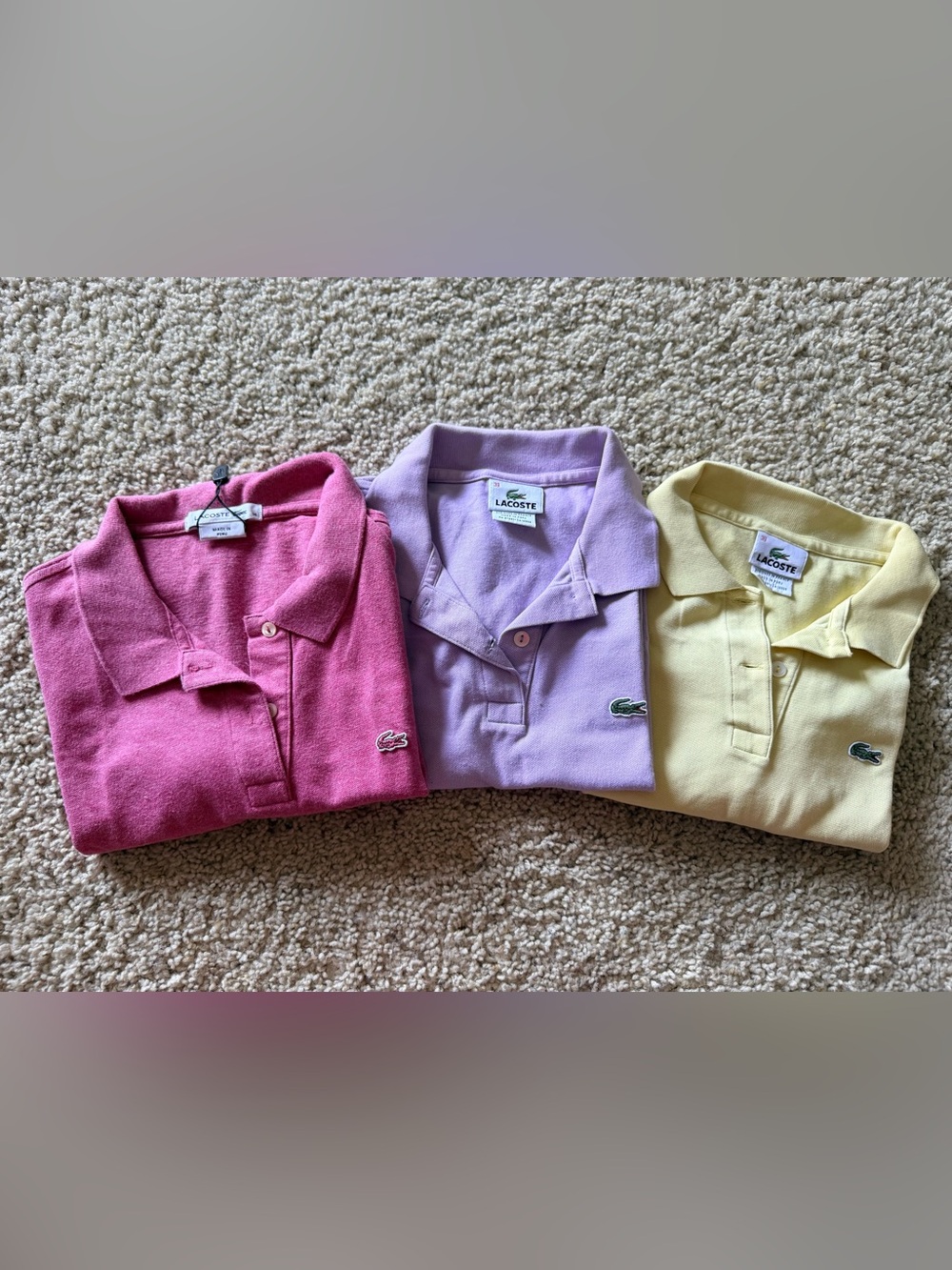 Lacoste Women’s Polo Shirt Lot of 3 Size 38 Pink Purple Yellow Crocodile Logo